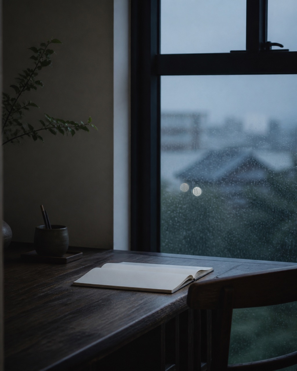 雨天的窗边，一本摊开的笔记本